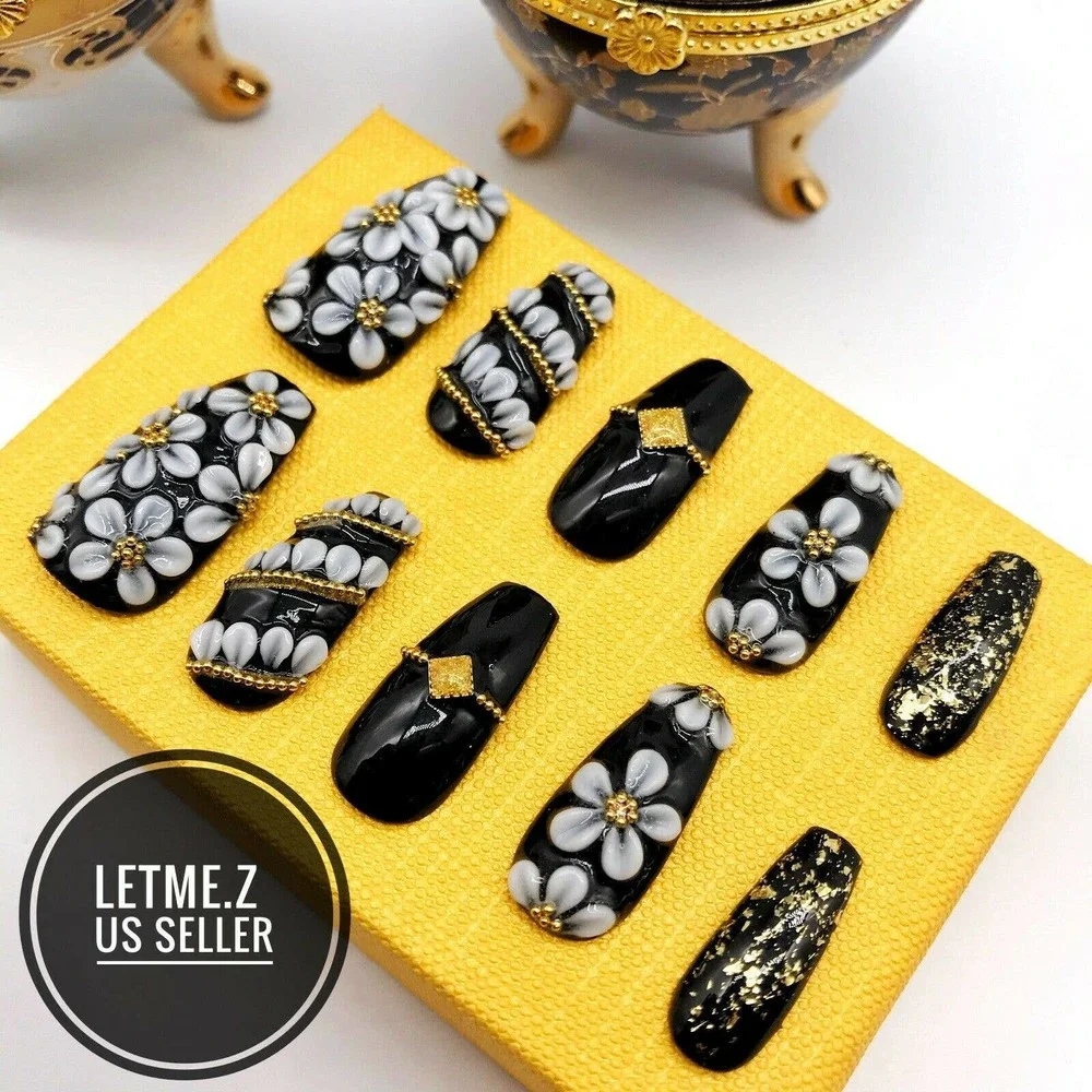 Press on‎ Nails Glue On Long Coffin 3D Black Gold